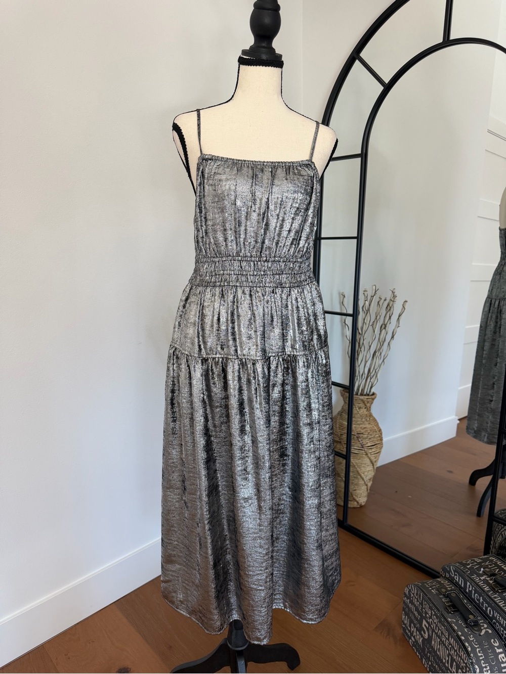 Old Navy Metallic Silver Spaghetti-Strap Tiered Midi Dress